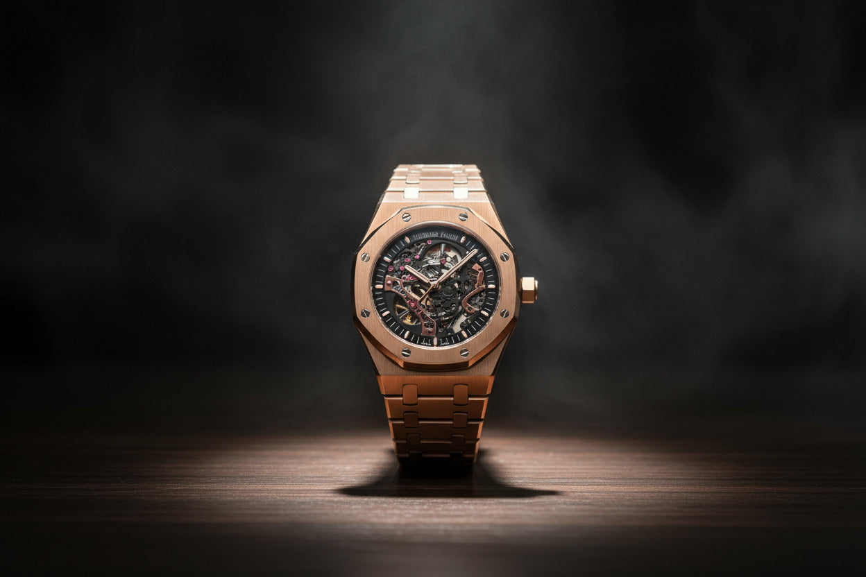 Rose gold watch with a visible brand logo on a white background